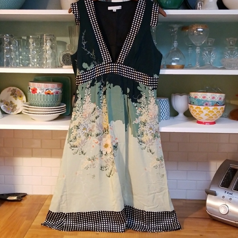 Sleeveless Floral V-Neck Dress in Sage and Black